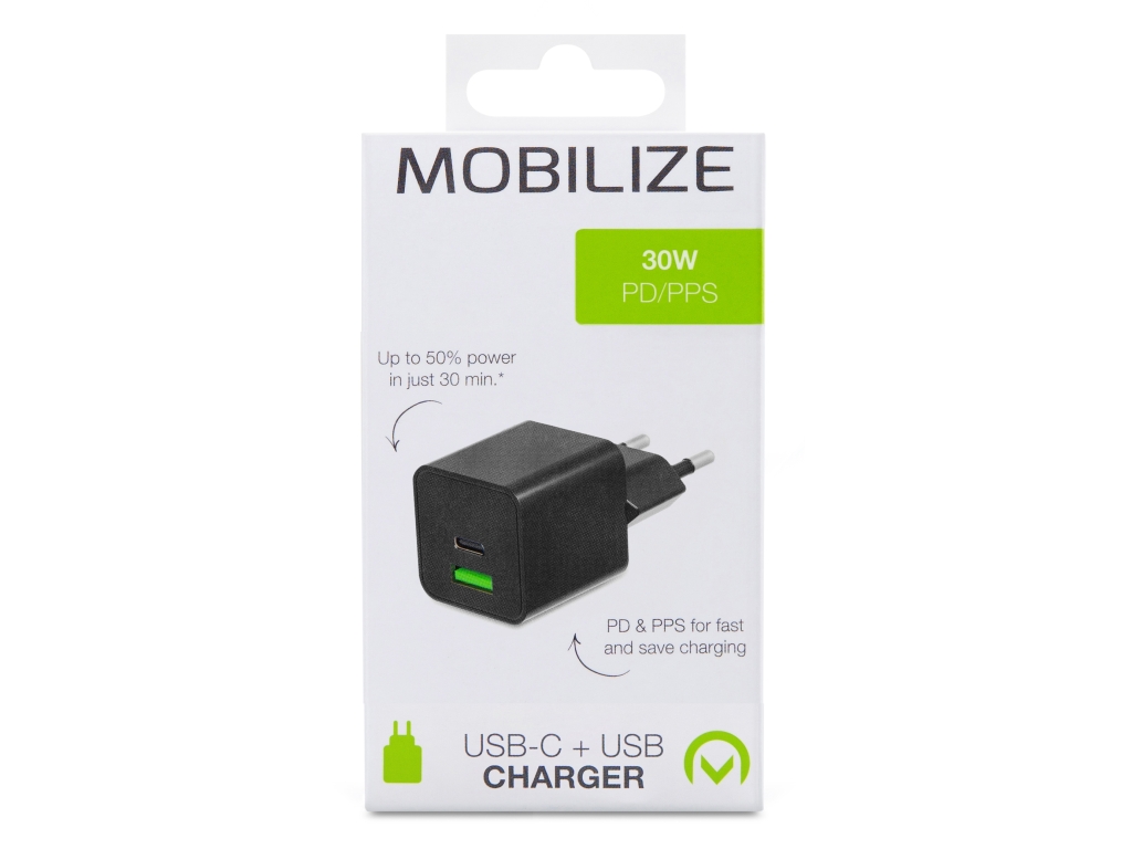 Mobilize Wall Charger USB-C + USB GaN 30W with PD/PPS Black