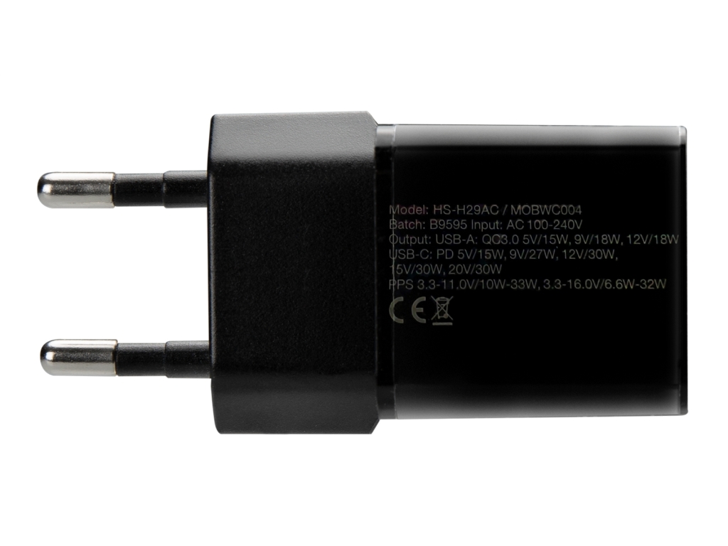 Mobilize Wall Charger USB-C + USB GaN 30W with PD/PPS Black