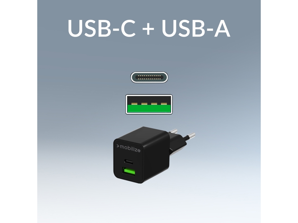 Mobilize Wall Charger USB-C + USB GaN 30W with PD/PPS Black