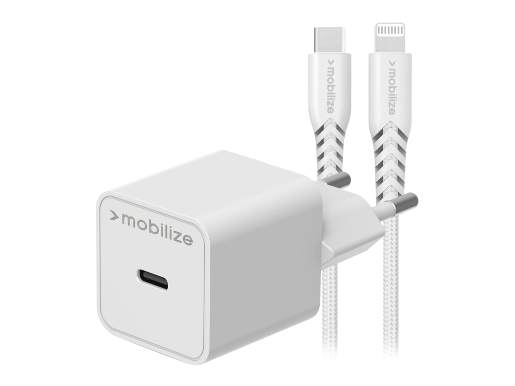 Mobilize Wall Charger USB-C 20W with PD + MFi Lightning Nylon Cable 1.2m White