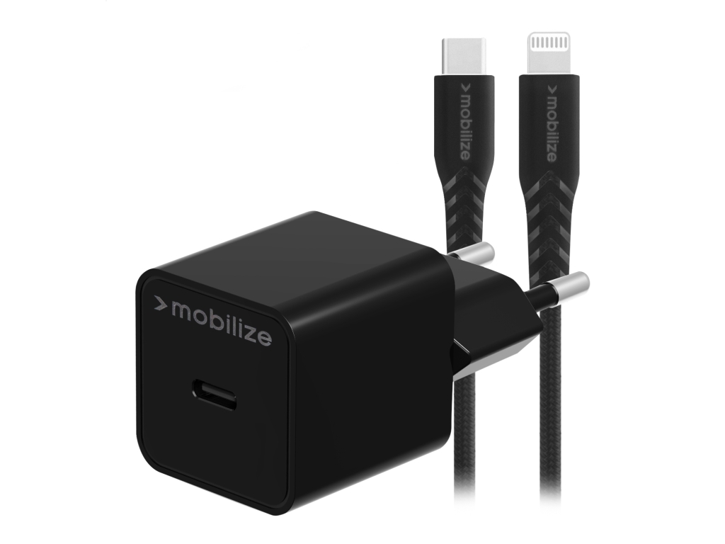 Mobilize Wall Charger USB-C 20W with PD + MFi Lightning Nylon Cable 1.2m Black