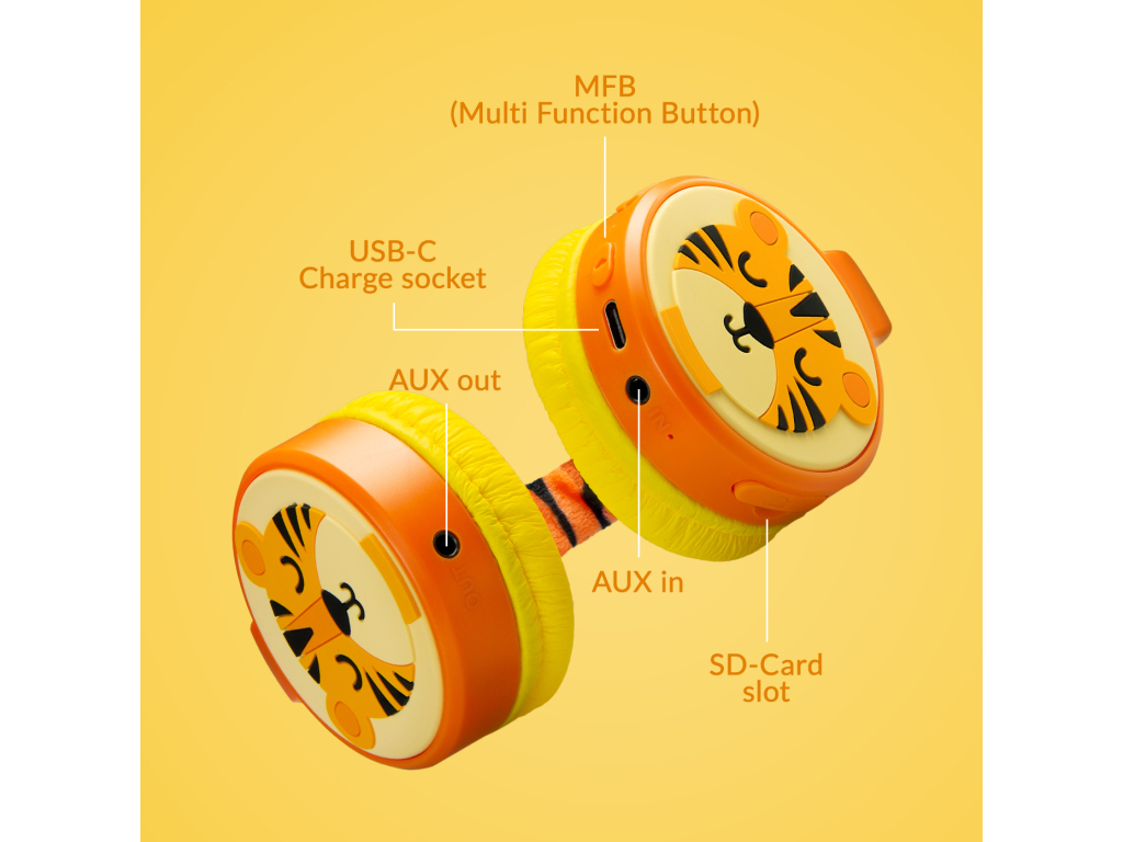 Mobilize Wireless/Wired Over Ear Kids Headphone 85dB Tiger