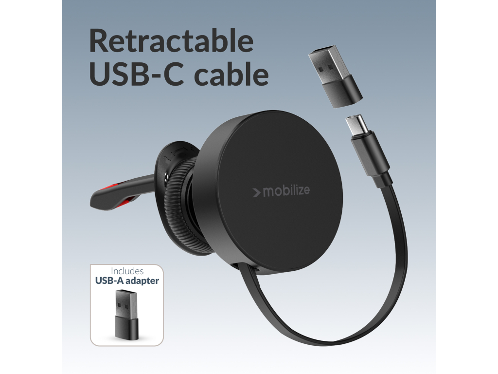 Mobilize MagSafe Compatible Car Holder/Charger 7.5W/10W/15W with Retractable USB-C Cable Black