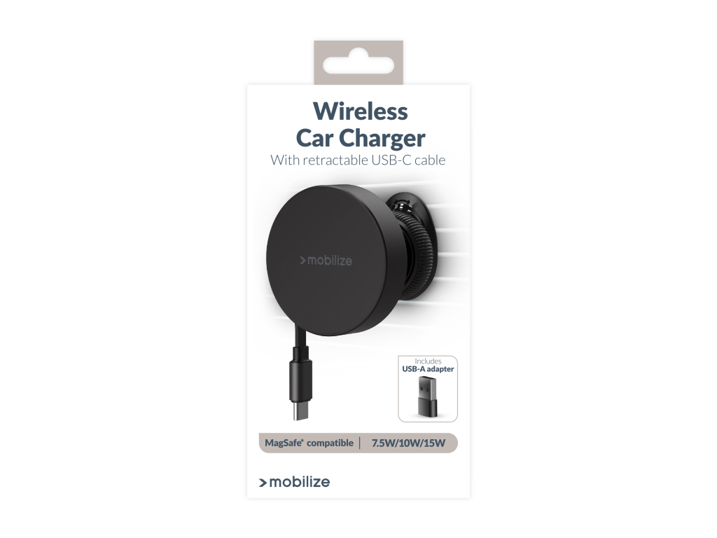 Mobilize MagSafe Compatible Car Holder/Charger 7.5W/10W/15W with Retractable USB-C Cable Black