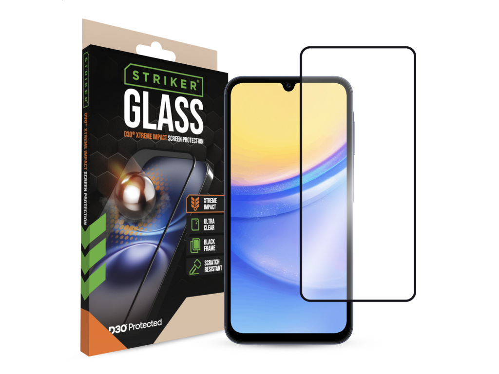 Striker D3O Xtreme Impact Glass Screen Protector - Black Frame - Samsung Galaxy A15 (4G/5G)