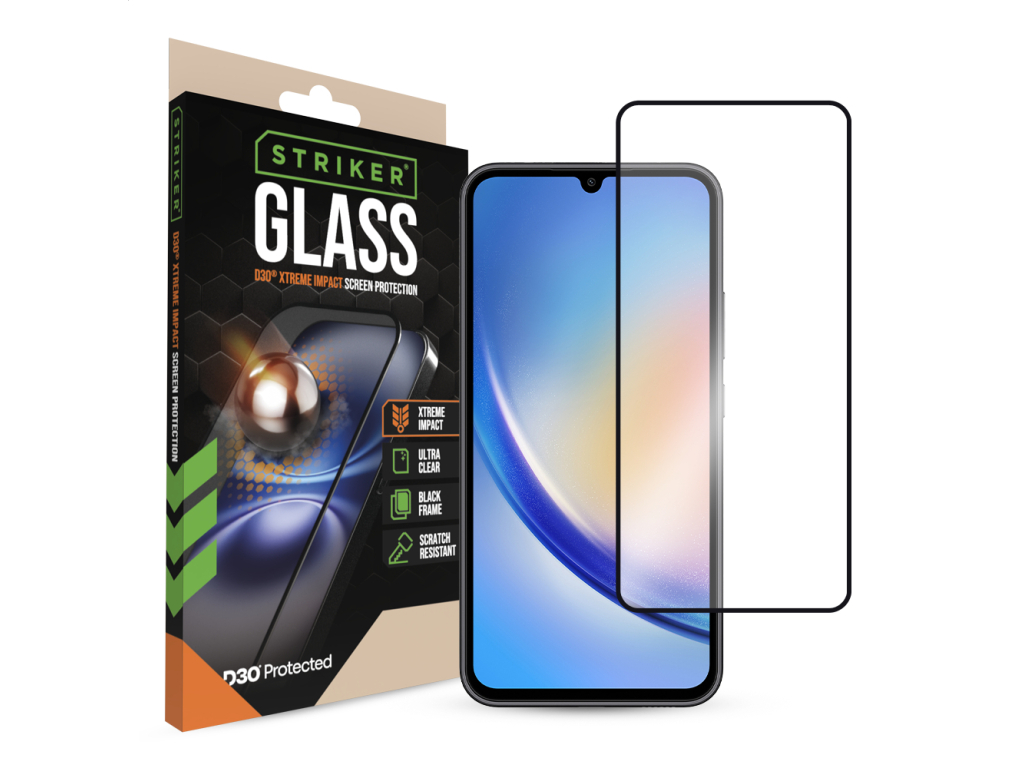 Striker D3O Xtreme Impact Glass Screen Protector - Black Frame - Samsung Galaxy A34 5G