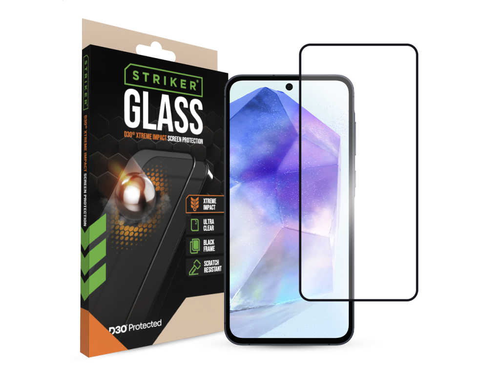 Striker D3O Xtreme Impact Glass Screen Protector - Black Frame - Samsung Galaxy A35 5G/A36 5G/A55 5G/A56 5G/S24 FE 5G