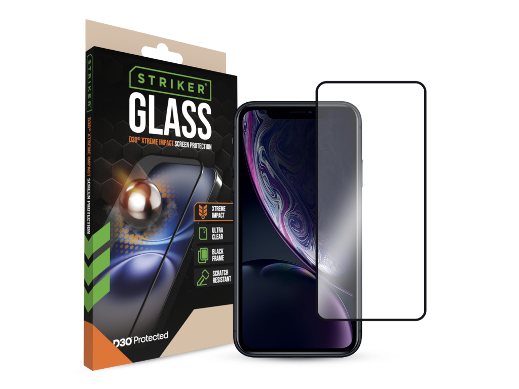 Striker D3O Xtreme Impact Glass Screen Protector - Black Frame - Apple iPhone XR/11