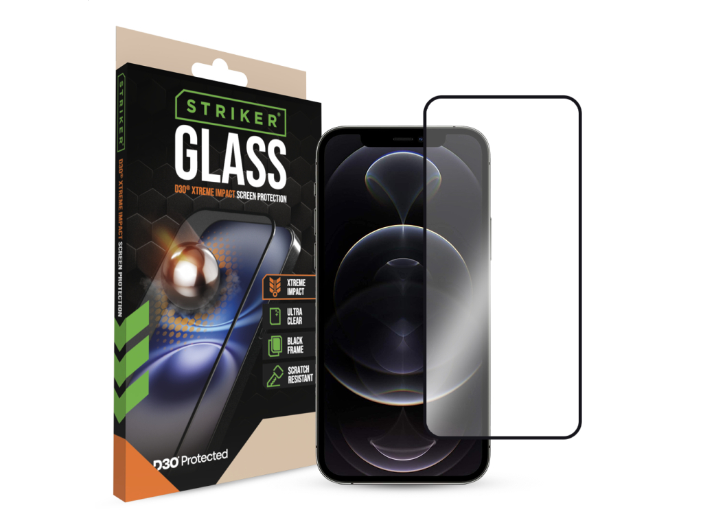 Striker D3O Xtreme Impact Glass Screen Protector - Black Frame - Apple iPhone 12/12 Pro