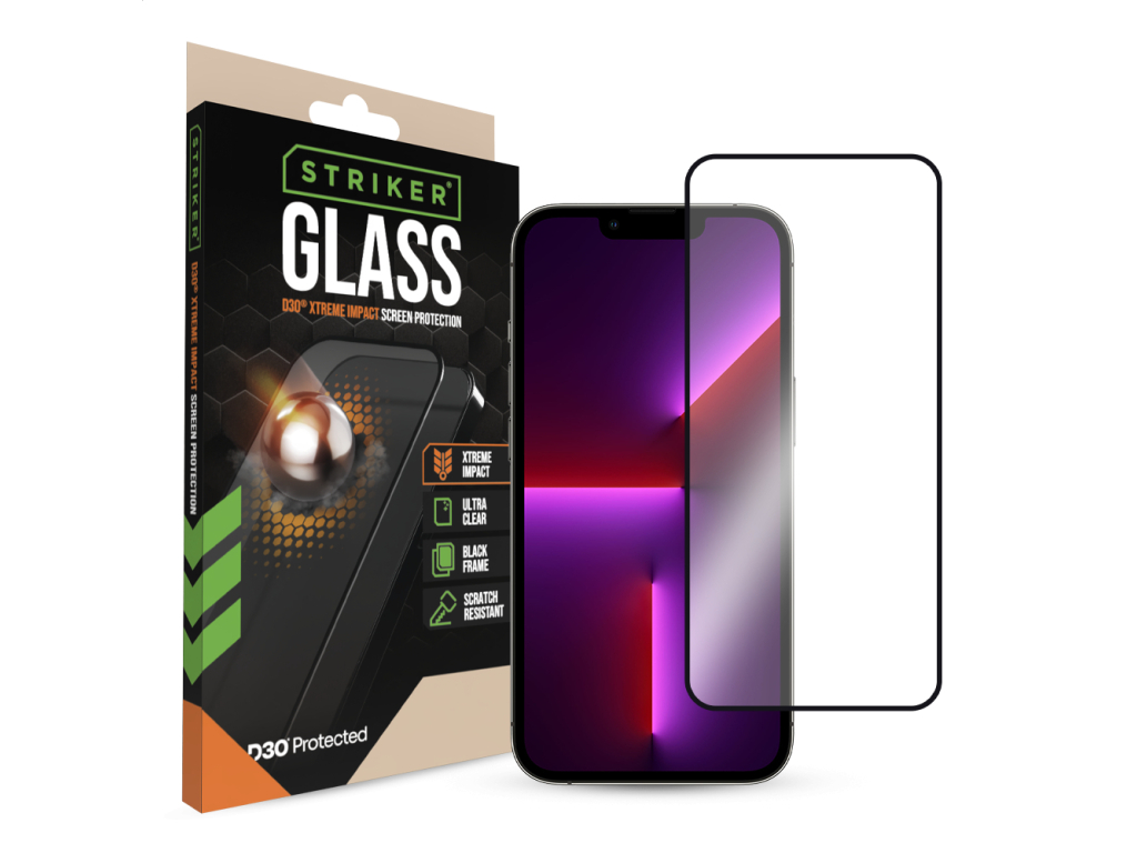 Striker D3O Xtreme Impact Glass Screen Protector - Black Frame - Apple iPhone 13/13 Pro/14/16e