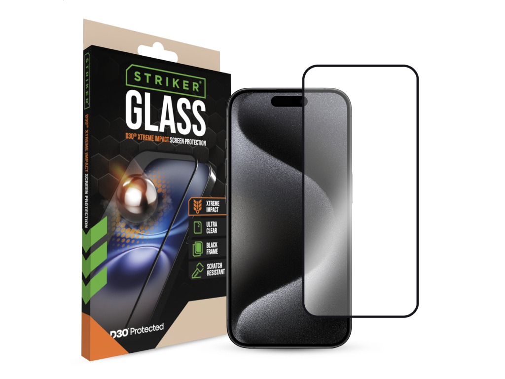 Striker D3O Xtreme Impact Glass Screen Protector - Black Frame - Apple iPhone 15 Pro