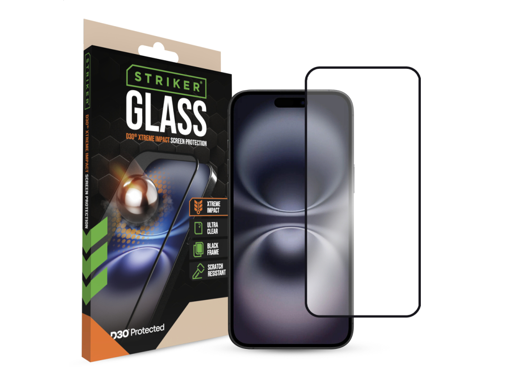 Striker D3O Xtreme Impact Glass Screen Protector - Black Frame - Apple iPhone 14 Pro/15/16