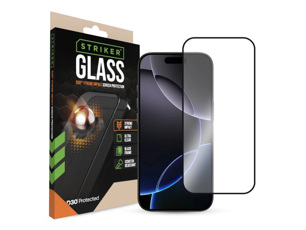 Striker D3O Xtreme Impact Glass Screen Protector - Black Frame - Apple iPhone 16 Pro