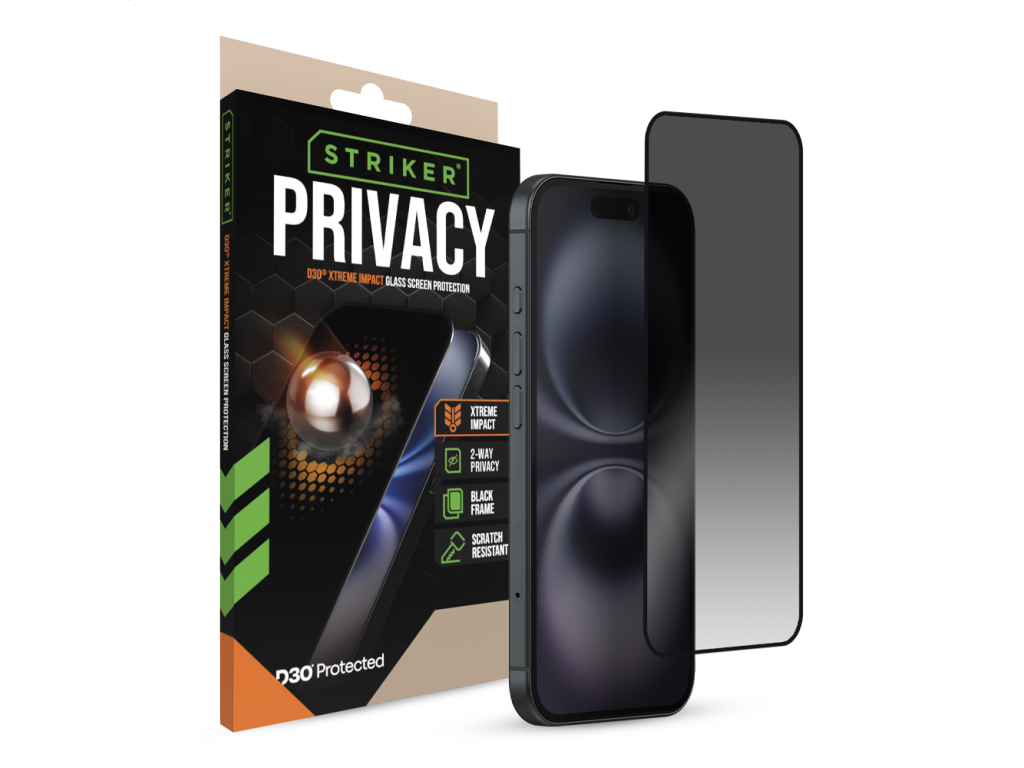 Striker D3O Xtreme Impact Privacy Glass Screen Protector - Black Frame - Apple iPhone 14 Pro/15/16