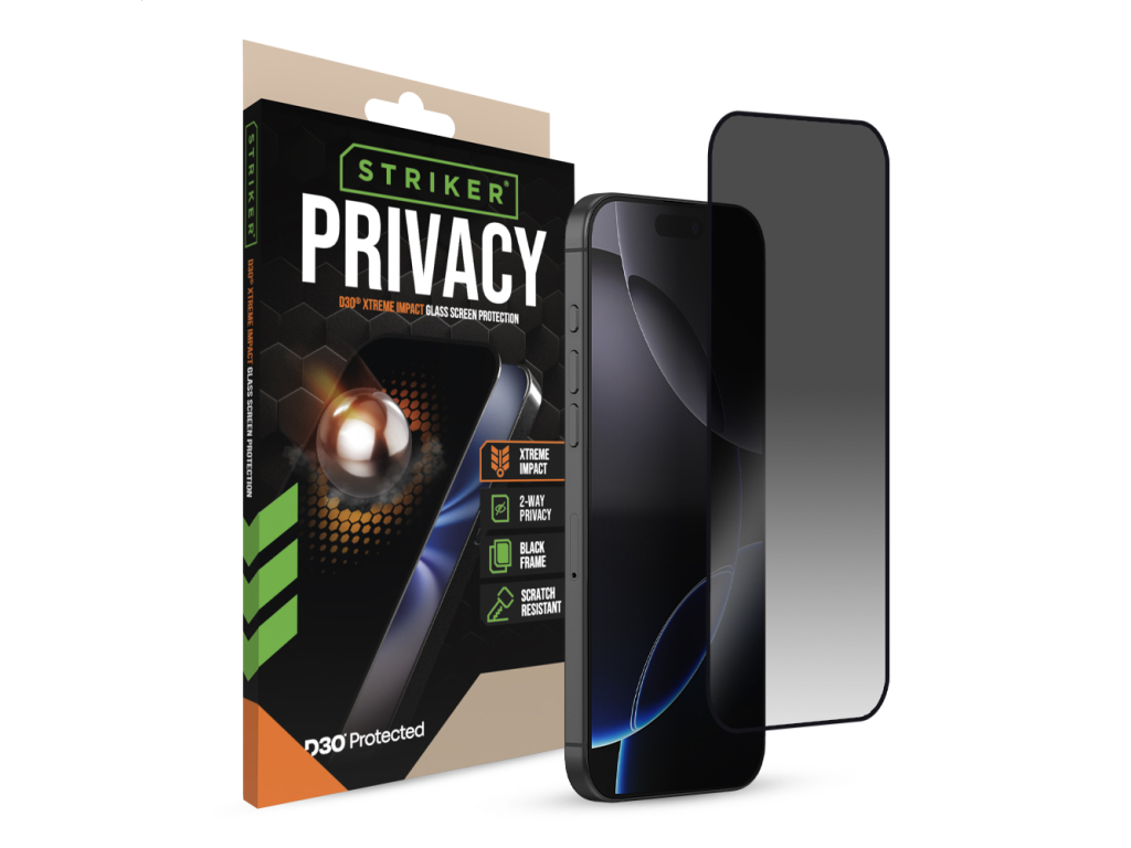 Striker D3O Xtreme Impact Privacy Glass Screen Protector - Black Frame - Apple iPhone 16 Pro Max