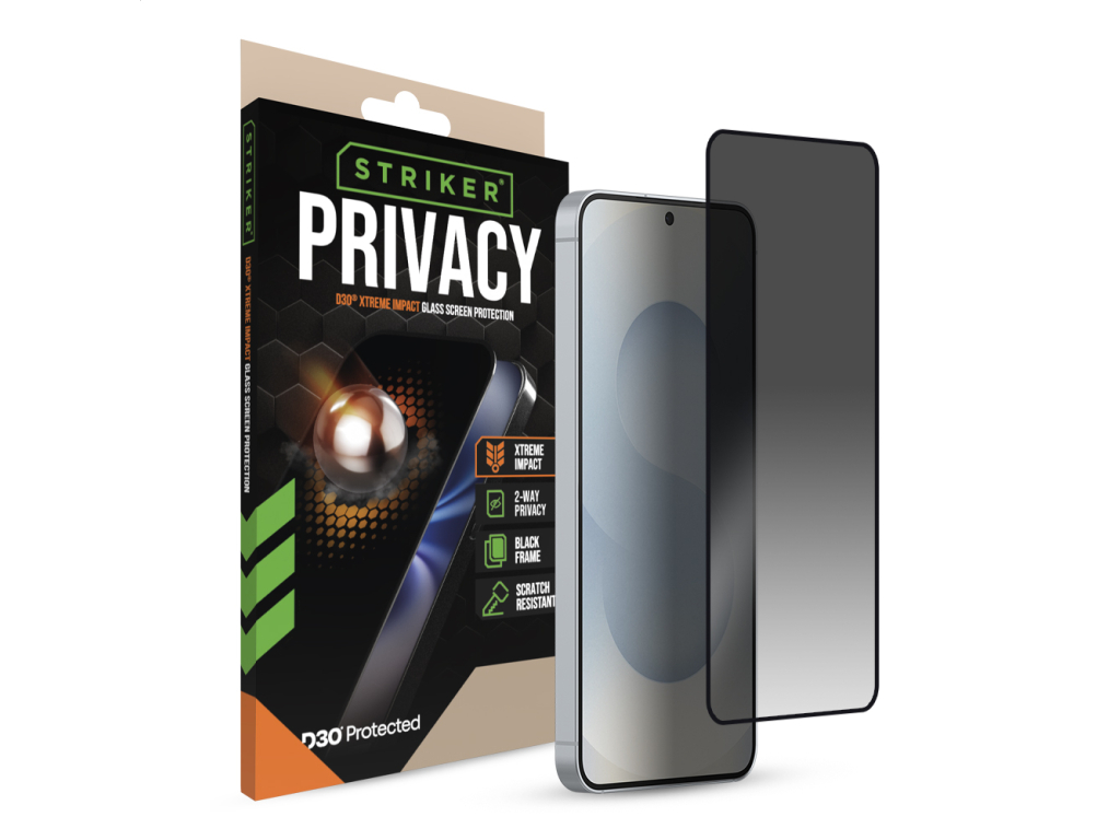 Striker D3O Xtreme Impact Privacy Glass Screen Protector - Black Frame - Samsung Galaxy S24 5G/S25 5G