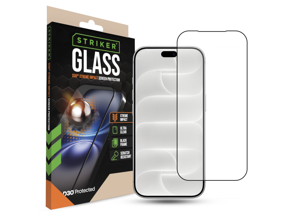Striker D3O Xtreme Impact Glass Screen Protector - Black Frame - Apple iPhone 16 Pro/17/17 Pro/18 Pro