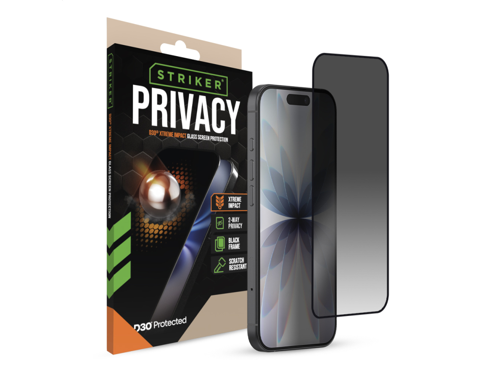 Striker D3O Xtreme Impact Privacy Glass Screen Protector - Black Frame - Apple iPhone 16 Pro/17/17 Pro