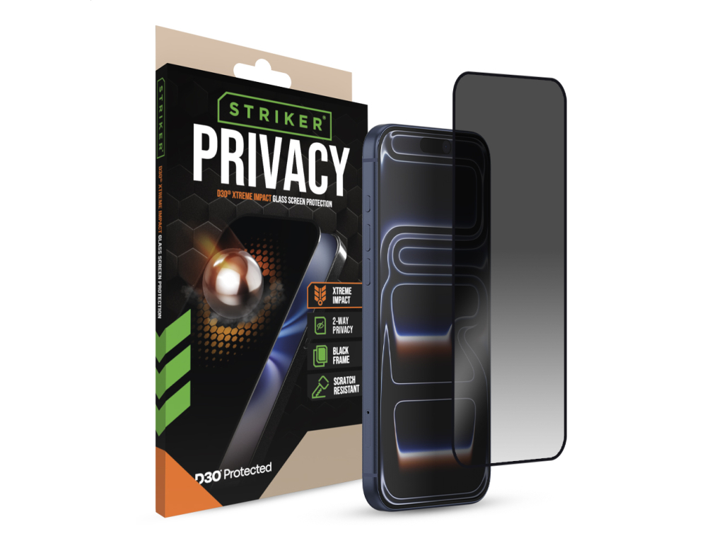 Striker D3O Xtreme Impact Privacy Glass Screen Protector - Black Frame - Apple iPhone 16 Pro Max/17 Pro Max