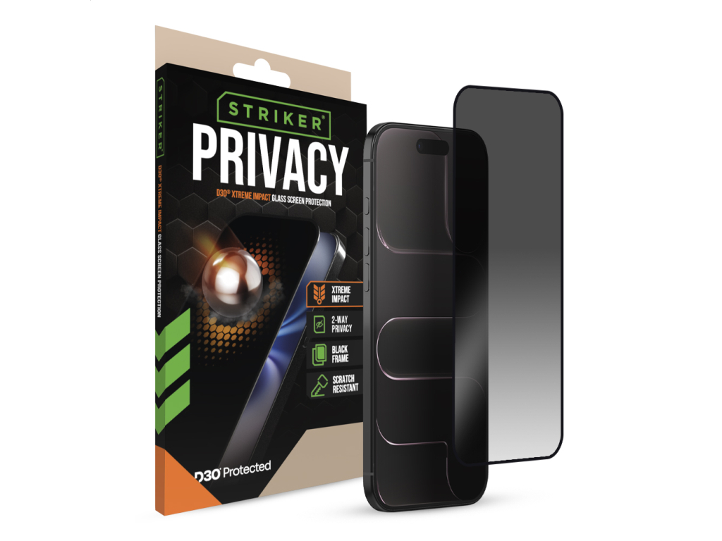 Striker D3O Xtreme Impact Privacy Glass Screen Protector - Black Frame - Apple iPhone Air