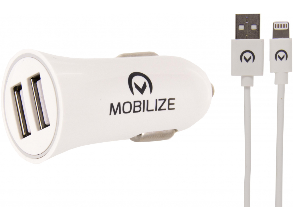 Mobilize Car Charger 2x USB 24W + USB to Apple MFi Lighting Cable 1m. White