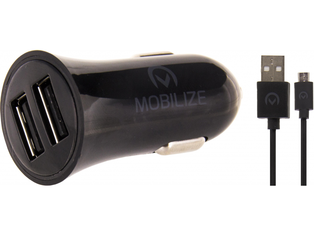 Mobilize Car Charger 2x USB 24W + USB to Micro USB Cable 1m. Black