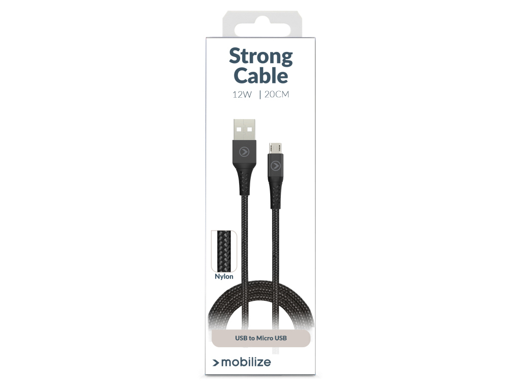 Mobilize Strong Nylon Cable USB to Micro USB 20cm. 12W Black