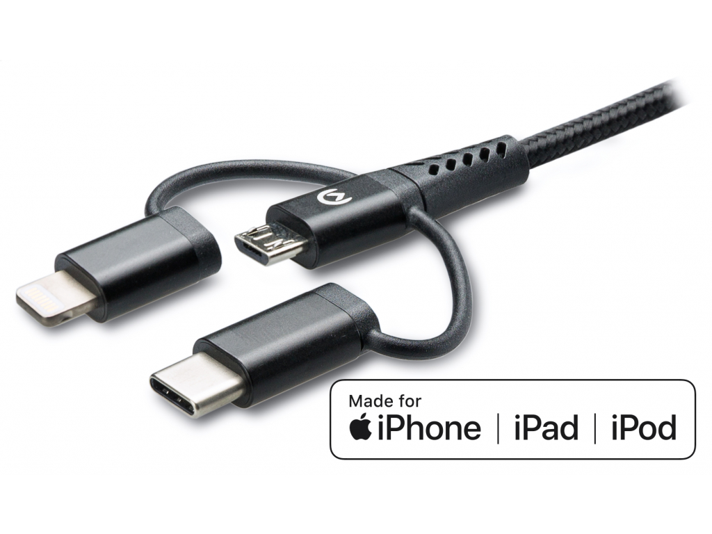 Mobilize Strong Nylon Cable 3in1 USB to Micro USB, USB-C, Apple MFi Lightning 1.5m Black