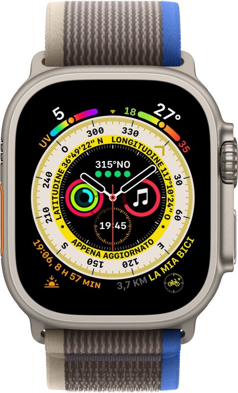 Apple Watch Ultra - 4G-LTE - 49mm - Titanium kast - Blauw-Grijs - Trail Textiel band - S-M Blauw 49 mm
